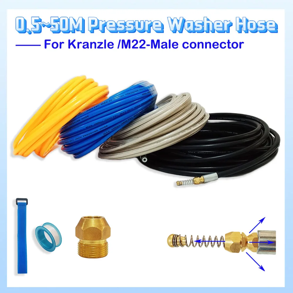 

0.5-50M Sewer Drain Water Cleaning Hose High Pressure Washer Pipeline Pipe Cleaning Kit For Kranzle /M22-Male connector