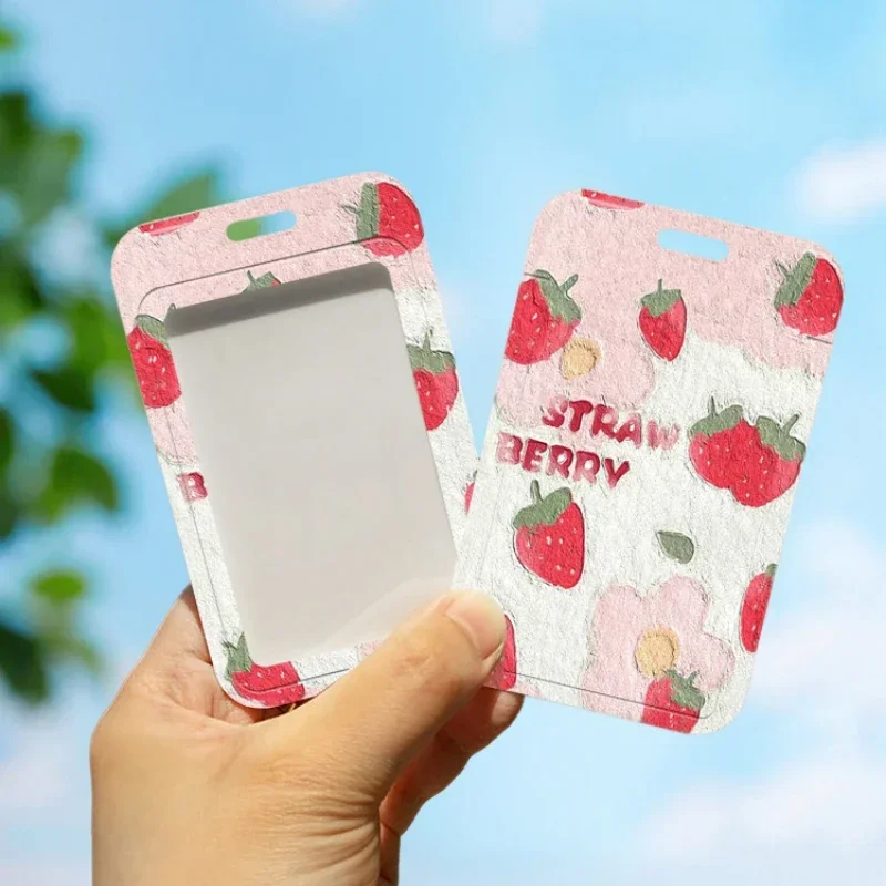 Strawberry Flowers Business Card Holder with Retractable Spring Cord for Bus Campus Lunch Card Door Card Kpop Photocard Holder