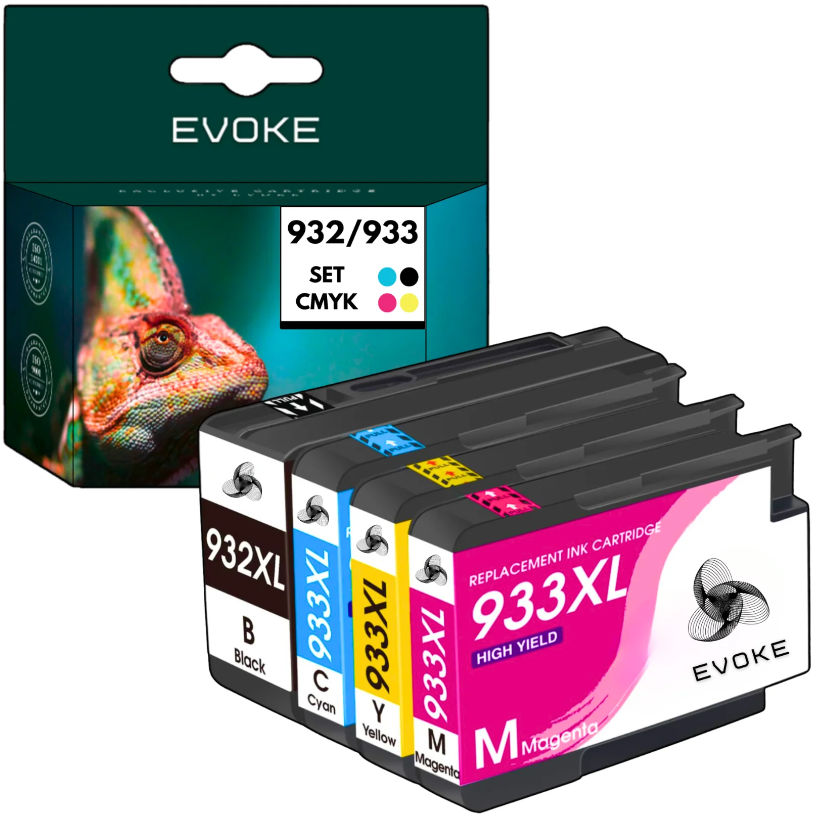 Evoke Compatibele Inkt voor Hp 932XL 933XL Hp932 Hp933 Cn057Ae Cn054Ae Cn055Ae Cn056Ae 4X Cmyk: Zwart, Cyaan, Magenta, Geel 72 ml 5440 Pagina's Officejet 6100 6600 6700 Premium 7110 7510 7600 7610