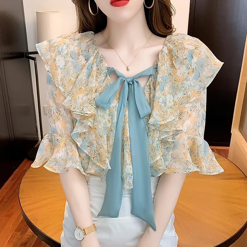 2024 Summer Women Trendy Floral Print Short Sleeve Blouses Ruffles Lace Up Bow Sweet Shirts Female Casual V Neck Loose Chic Tops