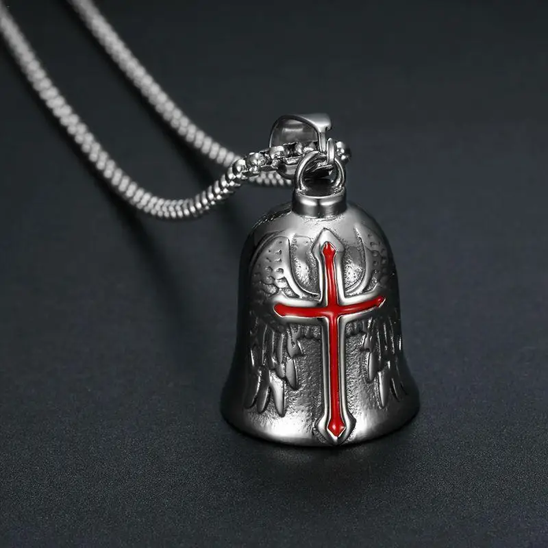 Biker Bell Pendant Engraved Crosss Wings Motorcycle Riding Bell Punk Guardiann Bell Necklace Classic Vintage Rider Lucky Amulet