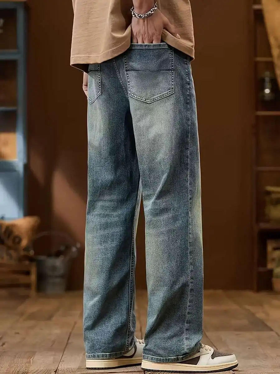 Mens Loose Wide Leg Denim Jeans Vintage Blue Straight Fit Comfort Casual Pants