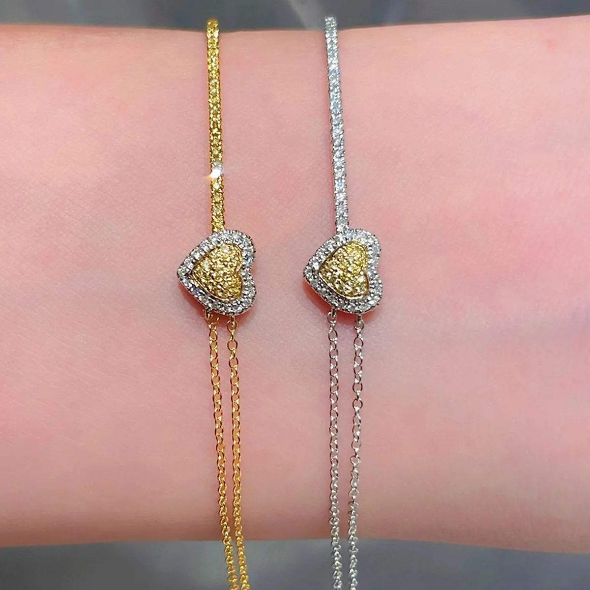 

Chic 925 Silver Lab-grown Heart Yellow Diamond Tennis Bracelet For Women AU750 Plated 1ct Moissanite Bangle High-end Ins Jewelry
