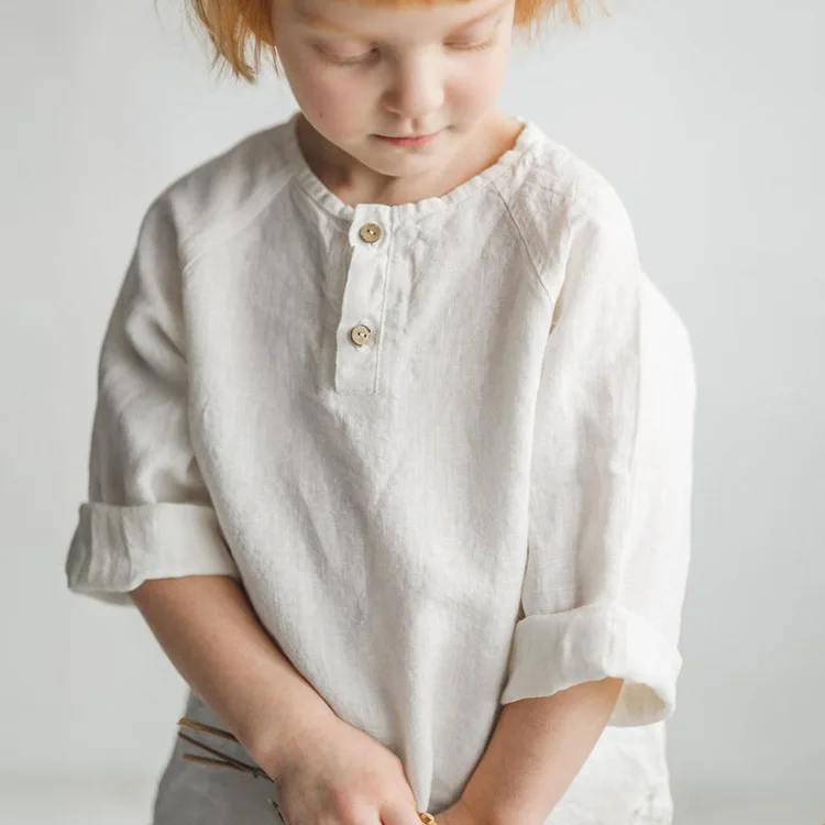 

Детская хлопковая рубашка с длинными рукавами Ramie, осень 2022, новые повседневные дышащие топы с полупуговицами для мальчиков и девочек, детская одежда