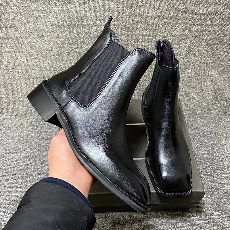 

High-End Men Chelsea Boots Genuine Leather Square Toe Luxury Fashion Fashion Ankle Boots Zapatos Botines Hombre