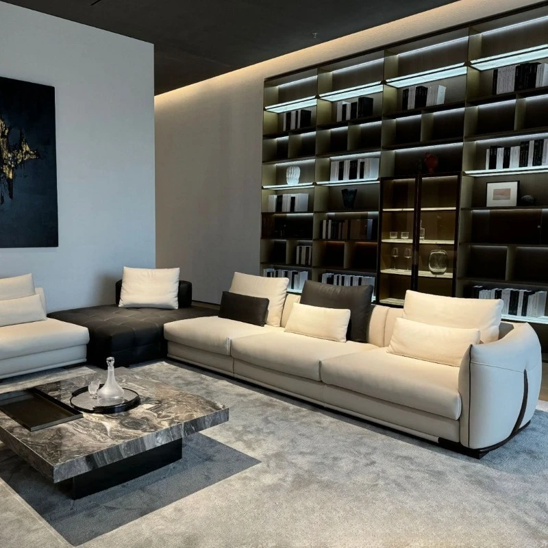 First layer cowhide large apartment light luxury Italian large flat floor living room corner Italian minimalist leather sofa