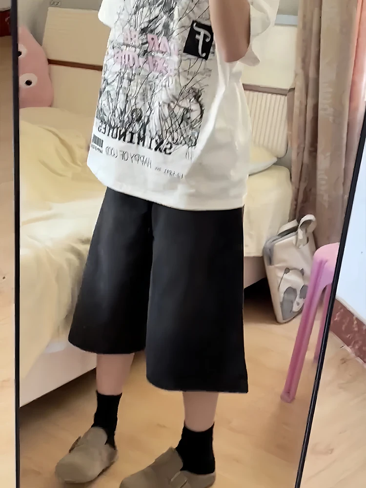 Cintura alta perna larga jeans feminino sle sete pés bla denim casual cintura alta solto ajuste anti-rugas jeans de verão