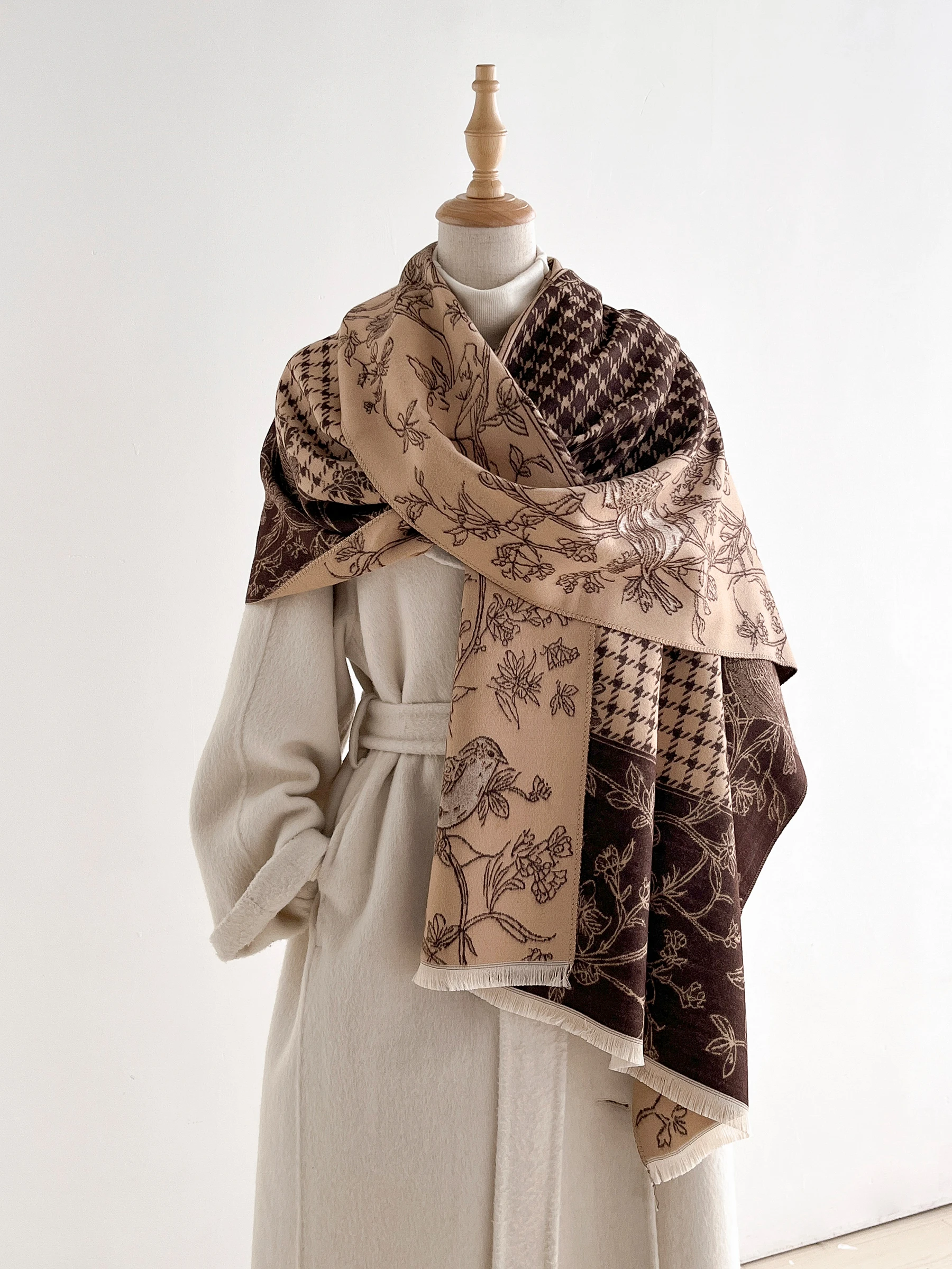 Floral Bird Houndstooth Jacquard Shawl for Women, Soft Faux Cashmere Large Scarf with Fringe, Autumn Winter Warm Wrap Stole