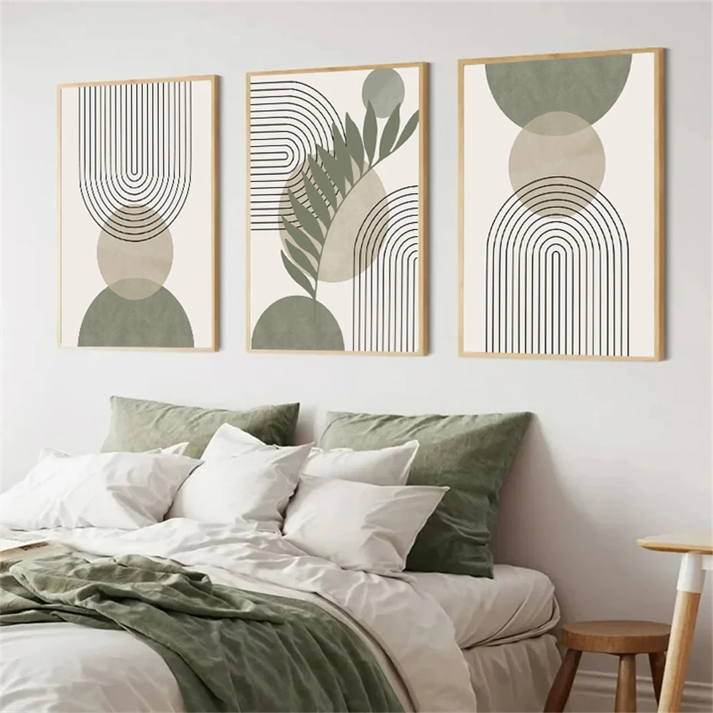 

Abstract Boho Geometric Wall Art Canvas Painting Nordic Sage Green Botanical Posters And Prints Pictures Living Room Home Decor