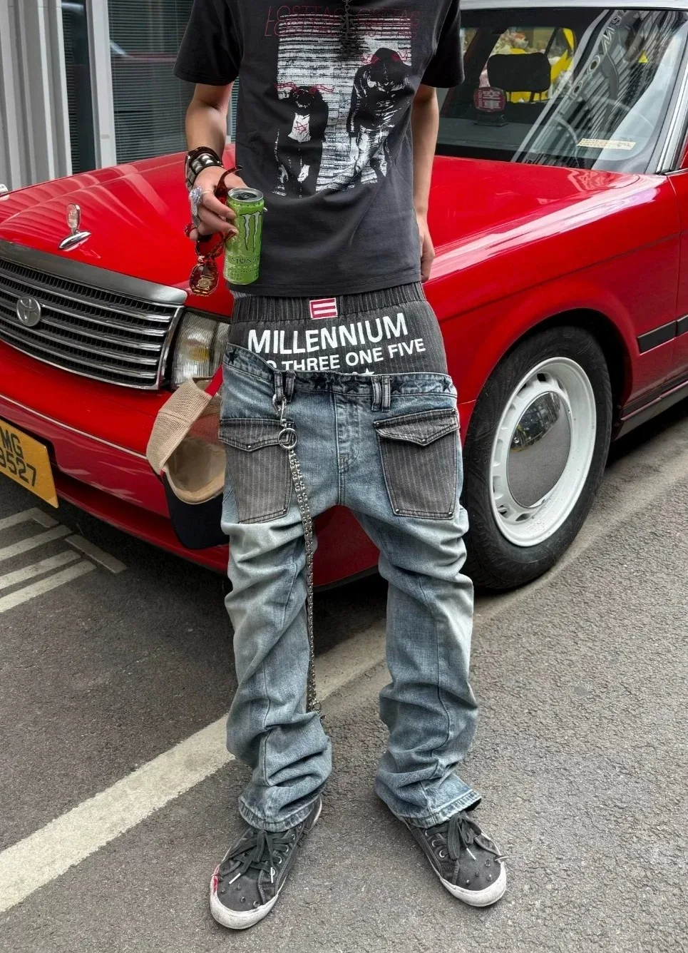 Niche Colorblock Patchwork Wide Leg Blue Jeans Men's Autumn 2026 New Straight Double Waist Design Denim Trousers