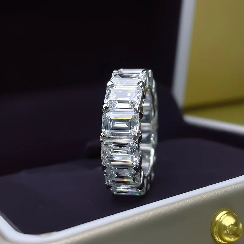 Eternity Emerald Cut Lab Diamond Ring 925 Sterling Silver Wedding Band Rings for Women Men Engagement Promise Party Jewelry