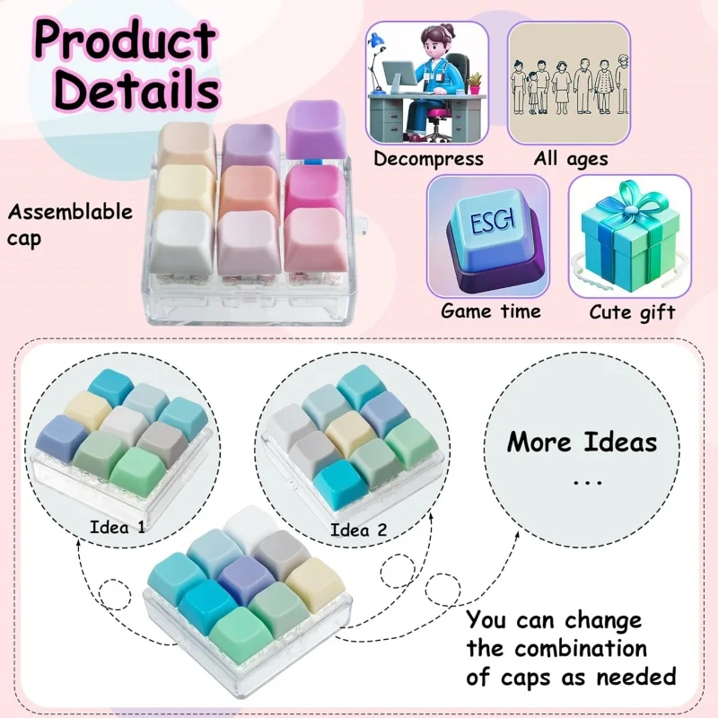 Colorful Keyboard Fidget Toy Keychain 9-in-1 Keyboard Decompression Button Finger Clicker Toys Stress Relief Fidget Gifts