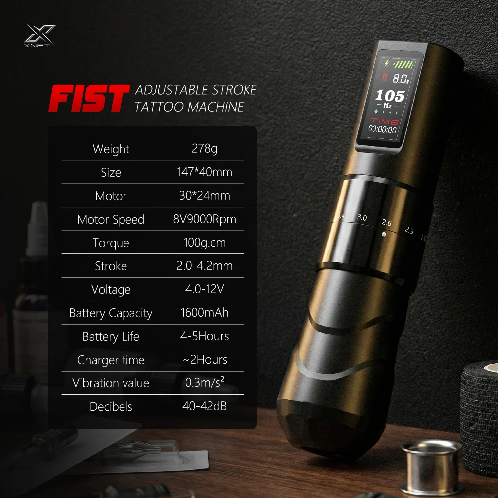 XNET Fist 370 Wireless Tattoo Machine Custom Motor 1600mAh Battery 7 Adjustable Stroke Tattoo Pen for Beginner Makeup Pen