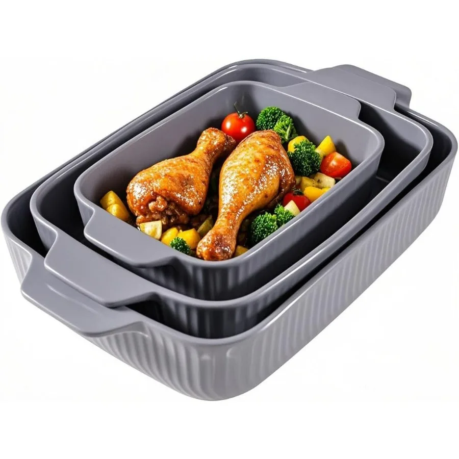 

Ceramic Baking Pan Casserole Dish Set of 3 Pcs Rectangular Bakeware Set Baking Pan with Handle for Steak Beef Roast Chicken spag