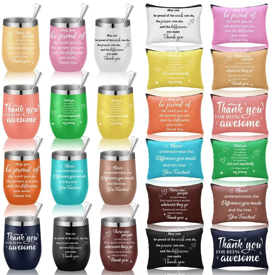 

24 Set Thank You Gift Christmas Employee Appreciation Gifts 12 Pcs 12oz Bulk Stainless Steel Travel Coffee Cups and 12 Pcs Inspi