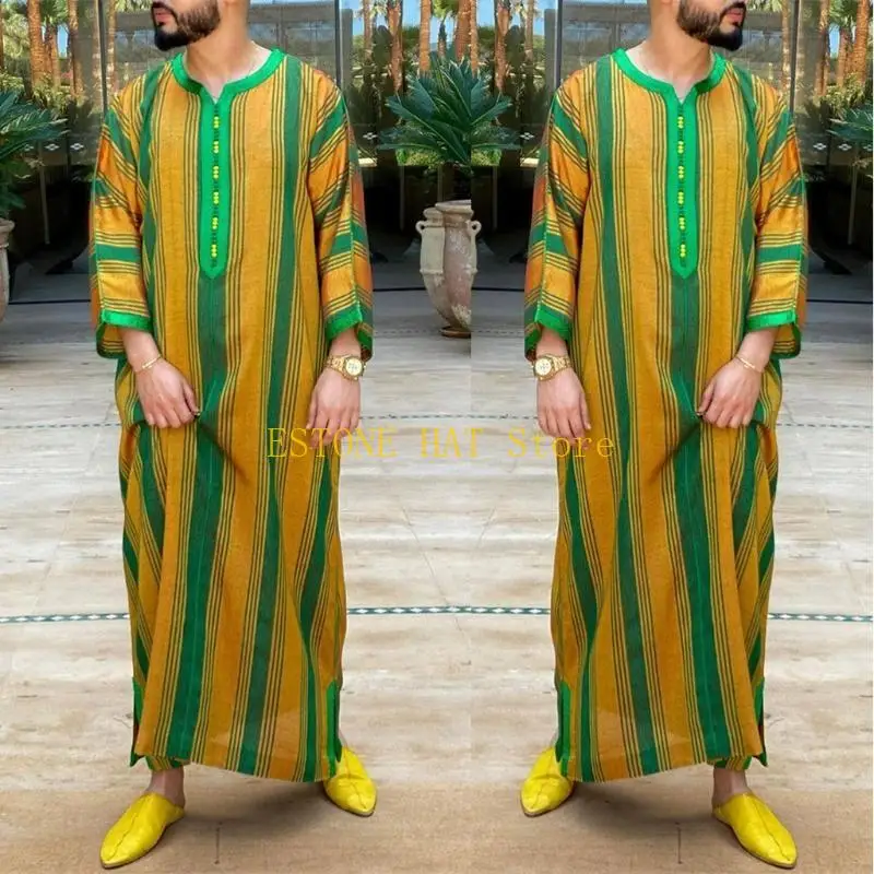 49MF Muslim Men Jubba Thobe Long Sleeve Striped Breathable Robes Middle East Clothing Daily Casual Long Sleeve Robe