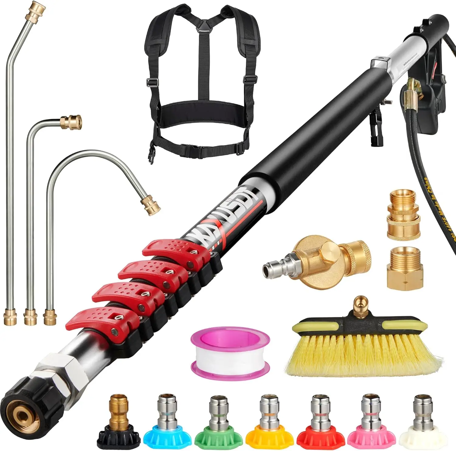 عصا غسالة الضغط المتداخلة بطول 24 قدمًا، 4000 رطل لكل بوصة مربعة، 7 فوهات، مجموعة تنظيف المزراب، ترقية مع حزام و3 أطراف