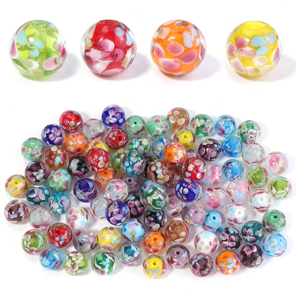 5 Stück 12 mm Lampwork-Blumenperlen, bunte Pflaumenblüten-Glas, runde lose Perlen für Schmuckherstellung, Armbänder, Ohrringe, Zubehör