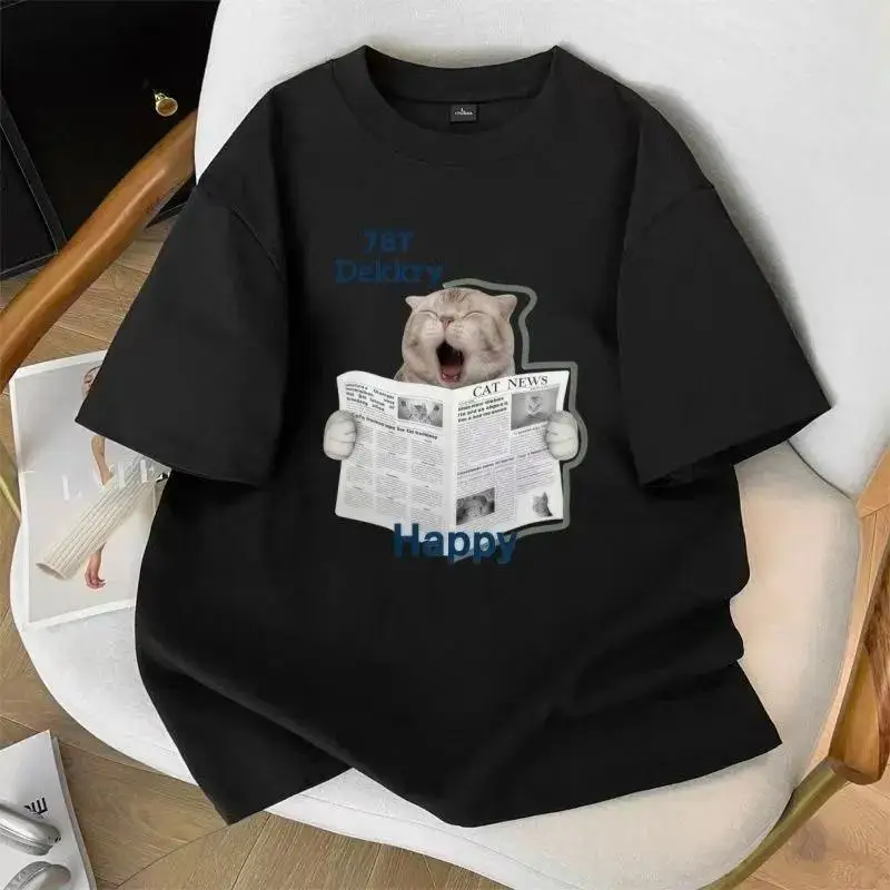 Men's T-shirt American Retro Style Heavyweight Pure Cotton Grey Fun Cat Newspaper Print Short-sleeved