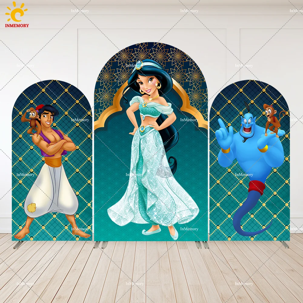 

Aladdin Party Decor Girls Birthday Arch Backdrop Cover Disney Genie Jasmine Princess Arched Wall Photo Background 2-Sided Banner
