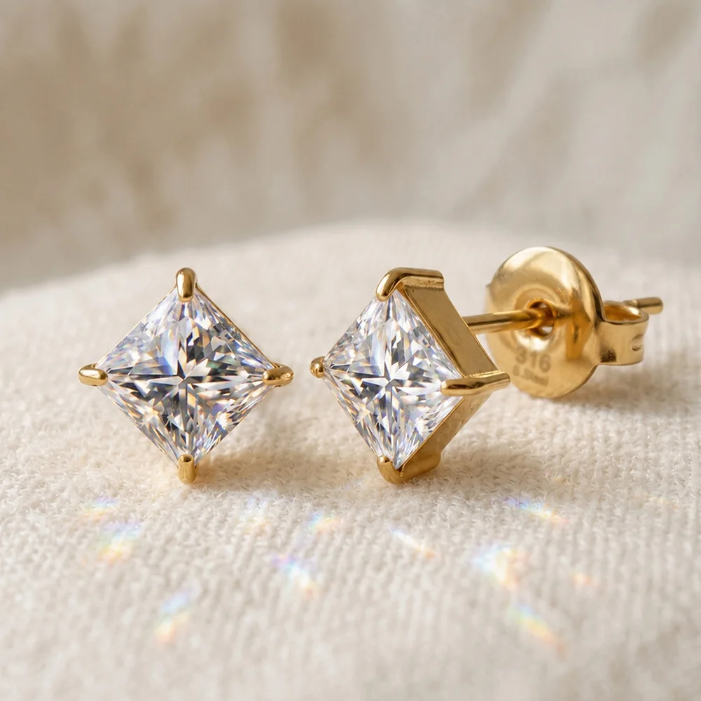 18K Gold Plated 316 Stainless Steel Square Princess Cut 5A Cubic Zirconia Stud Earrings Minimalist Women Wedding  Jewelry Gift