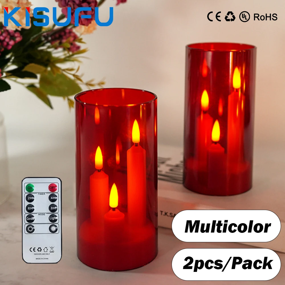 

2pcs/pack 3-head Flameless LED Electric Candles With IR Remote Multicolors Fake LED Candle Kit for Wedding Christmas Room Decor