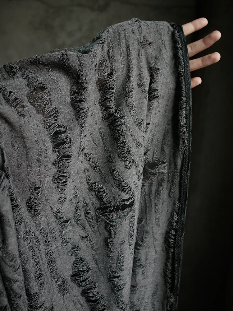 Niche Washing Water Tearing Broken Hollow Texture Cotton Fabric Transformation Gray Ripped Clothing Designer Cloth