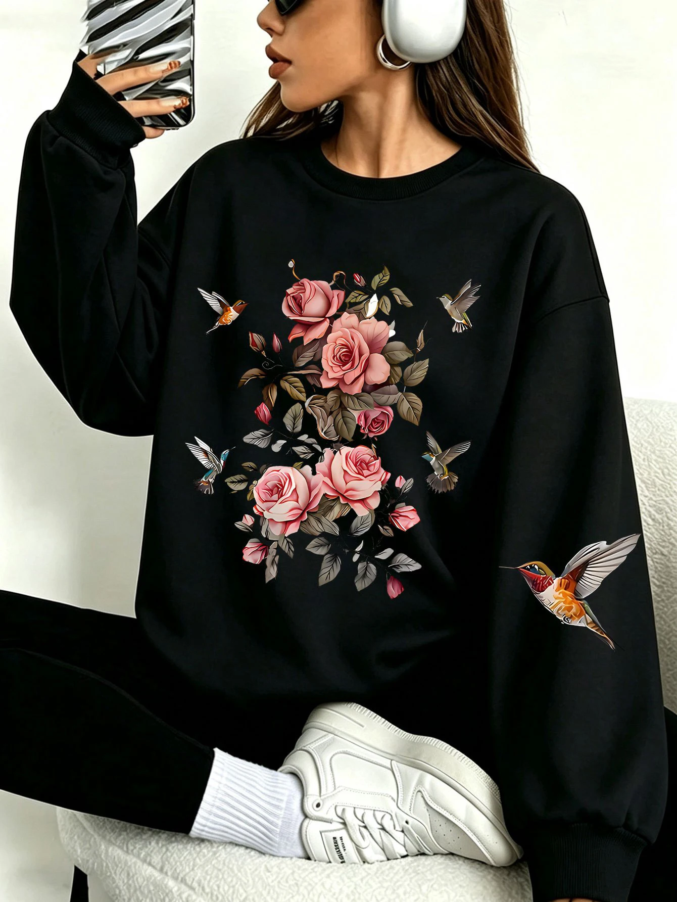 Rosa Rose Kolibri Blumendruck Damen Pullover Fleece Unisex Sweatshirt Rundhals Y2K Streetwear All-Match Herbstkleidung – Detail 13