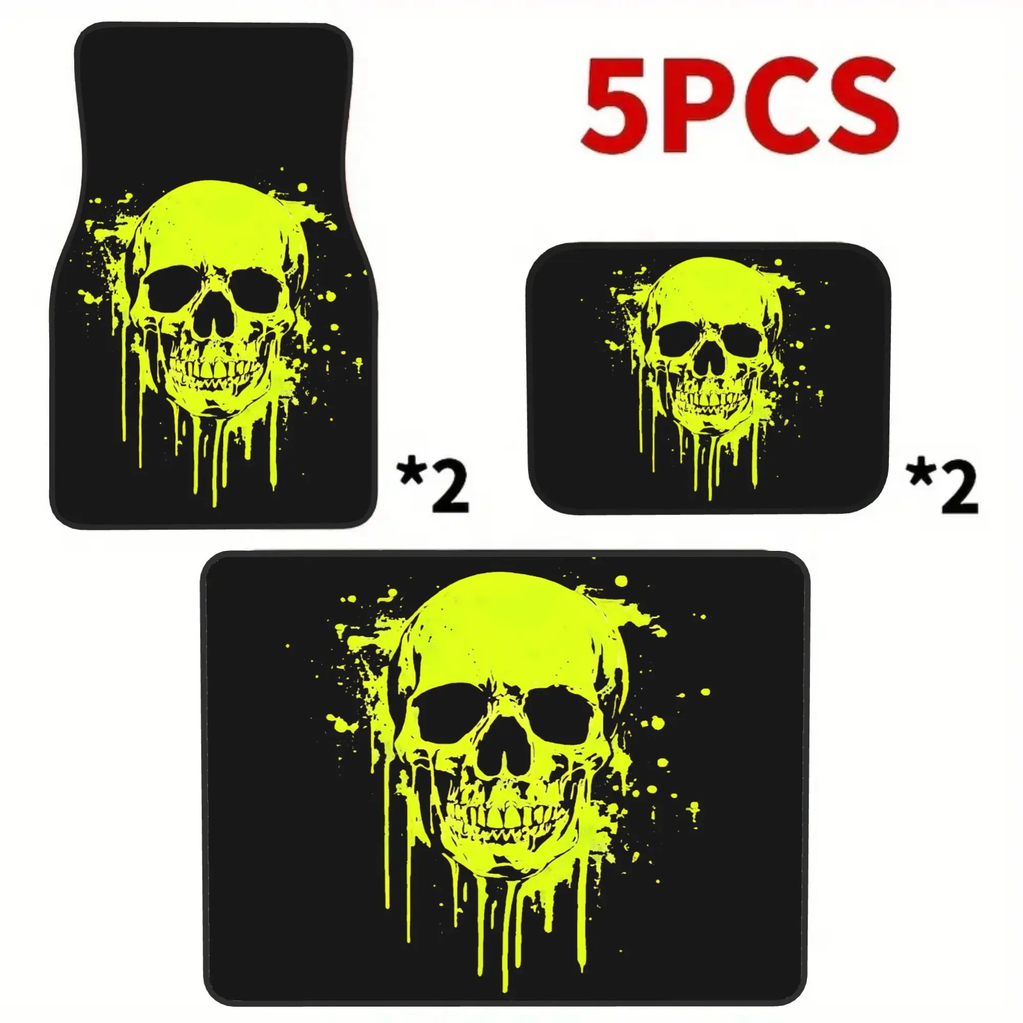 2D Flat Printing 5pcs Neon Drip Paint Skull Printed Car Mats Set (4 Floor Mats And 1 Trunk Mat), Made Of Durable Polyester Fabri
