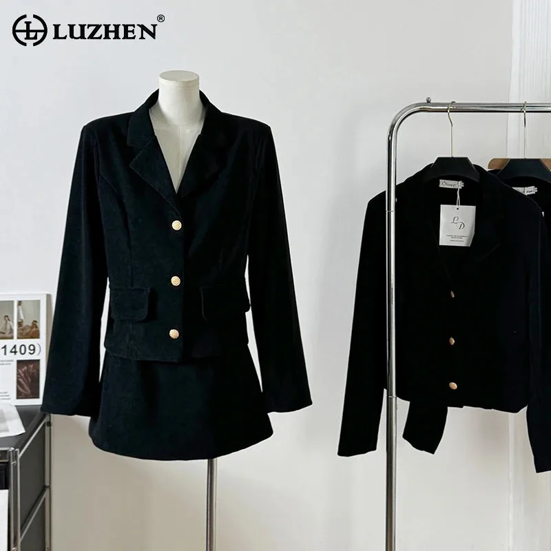 LUZHEN 2024 New High Quality Corduroy Solid Color Blazer Coat Mini Skirt Women's Fashion Luxury Two-piece Sets Elegant AA2396