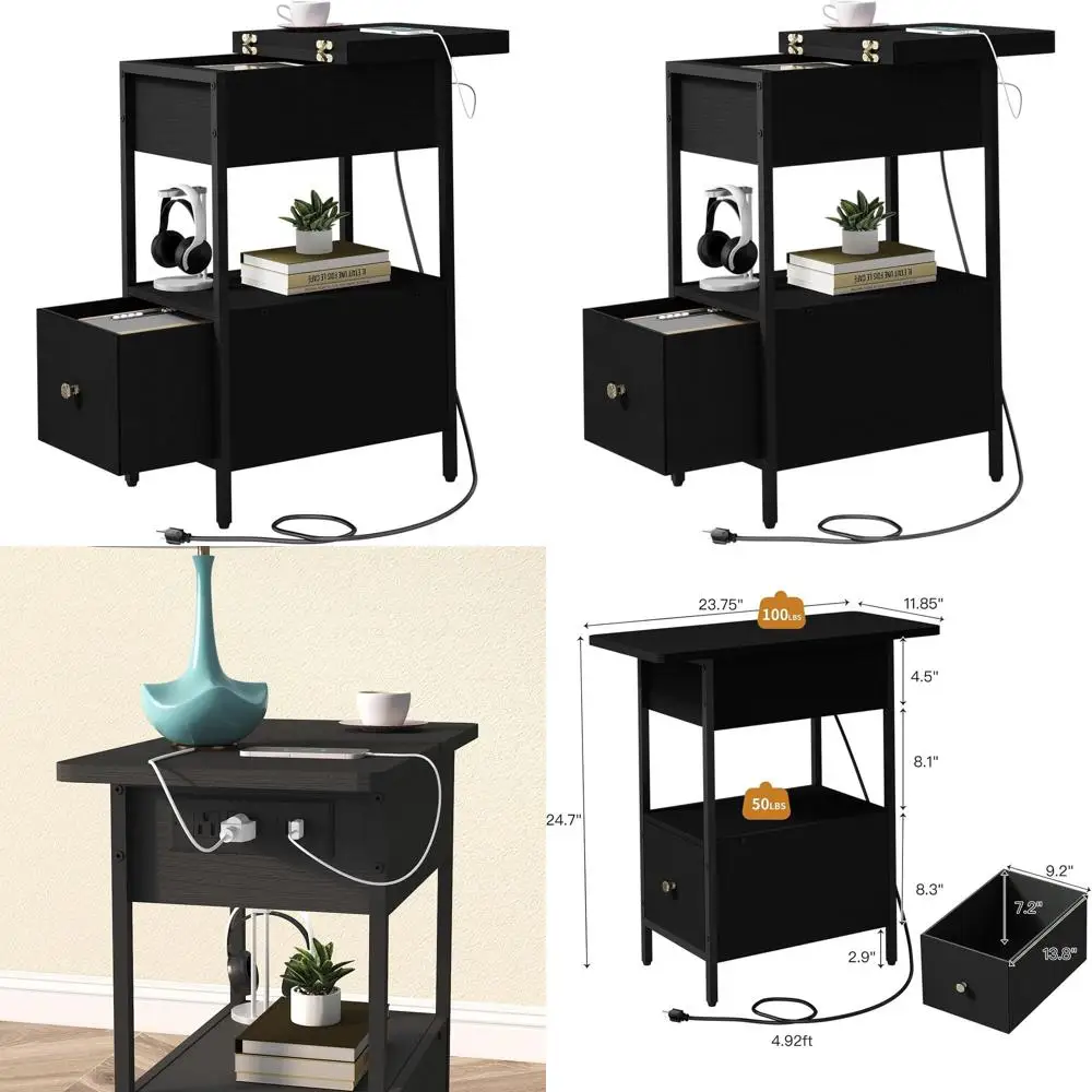 

Compact Charging Station Nightstand with Flip Cabinet and Fabric Drawer for Small Spaces in Black