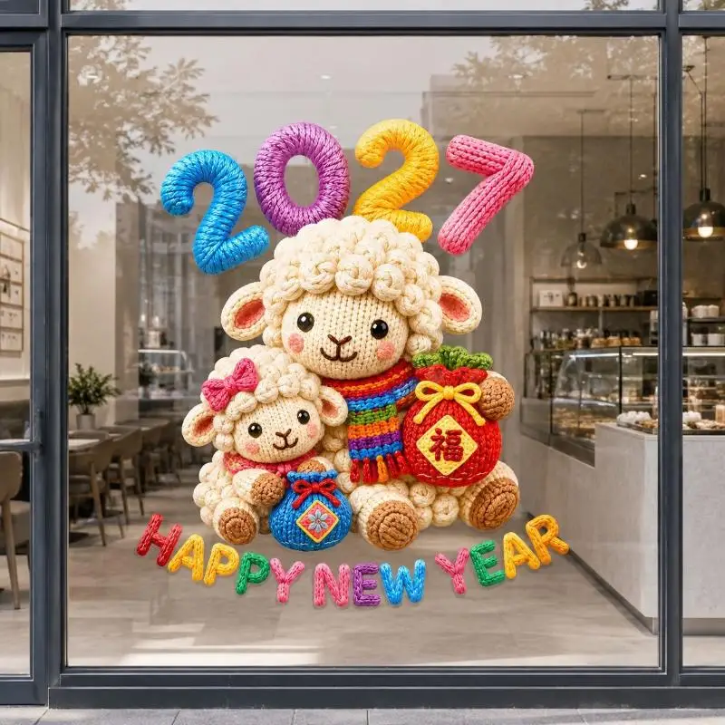 2027 Knit Sheep Window Sticker Happy New Year Cute Lamb Christmas Window Decor Home Shop Glass Xmas Ornament