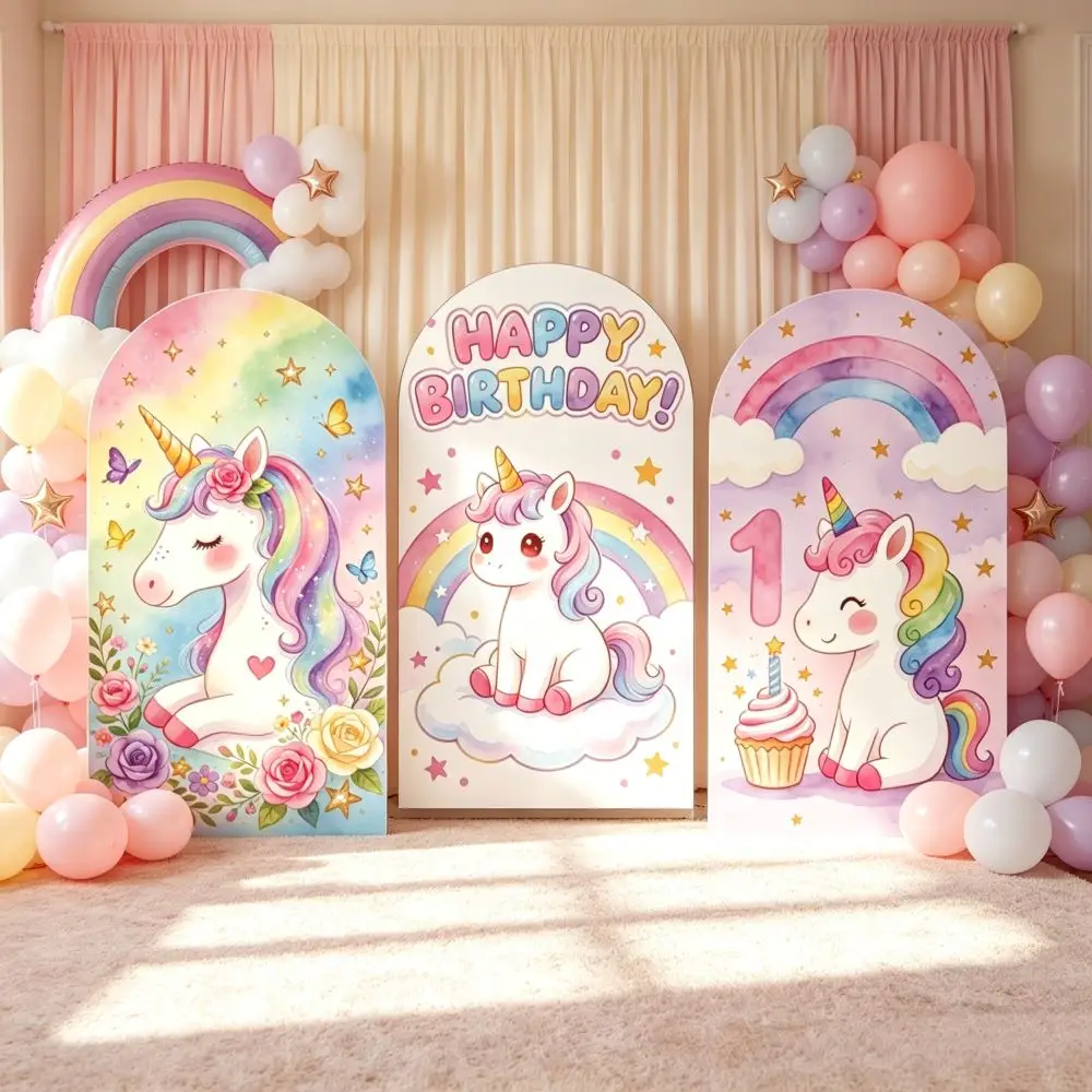 Rainbow Unicorn Arch Backdrop Single Side Cover Flower Cloud Star Butterfly Birthday Baby Shower Party Photo Booth Decorations