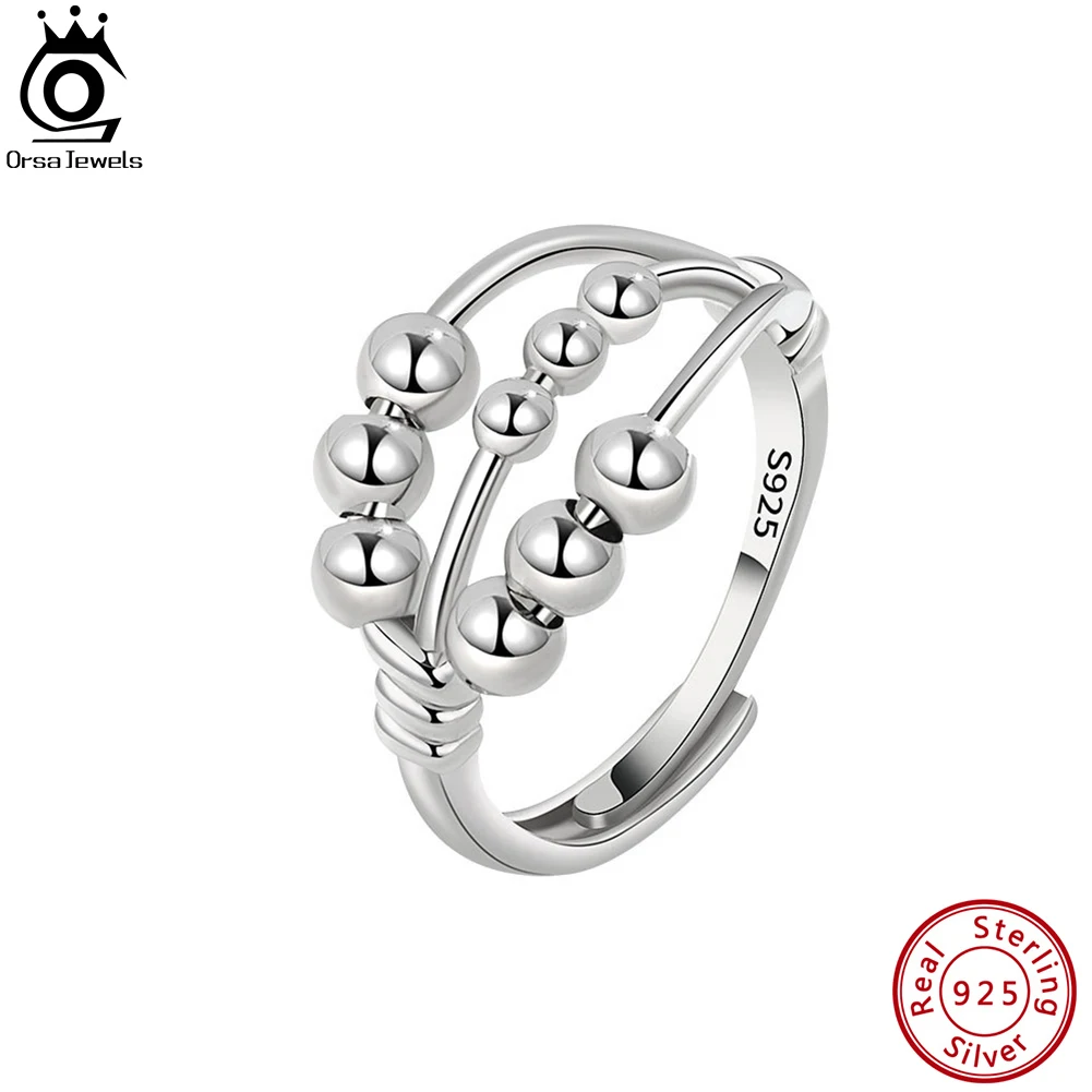 

ORSA JEWEL 925 Sterling Silver Anti Anxiety Ring Fidget Rings for Women Stress Relieving with Beads Open Twist Jewelry SR299