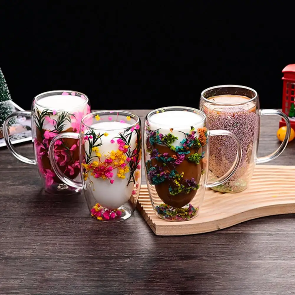 Layer Glass Mug Double Wall Glass Mug with Flower Glitter 450ml Capacity Heat Resistant Coffee Cup Set of 4 Insulated Espresso
