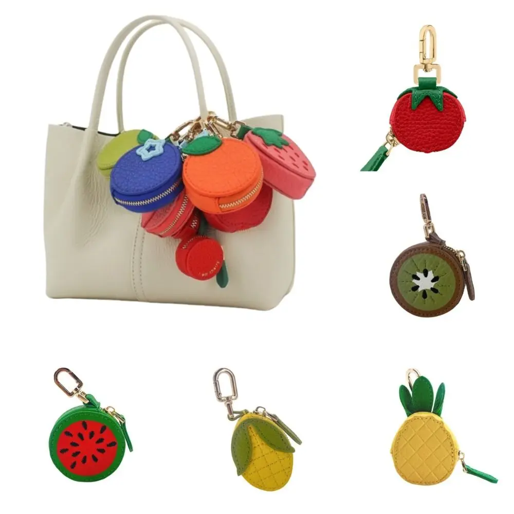 New PU Leather Round Coin Purse Cute Fruit Shape Mini Storage Bag Mini Size Earphone Bag Key Chain Bag Charm