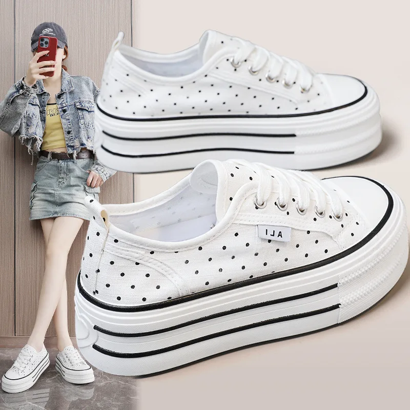 

Women's Polka Dot Thick Sole Canvas Shoes 2026 Summer Lace-Up Casual Versatile Comfortable Sports Footwear