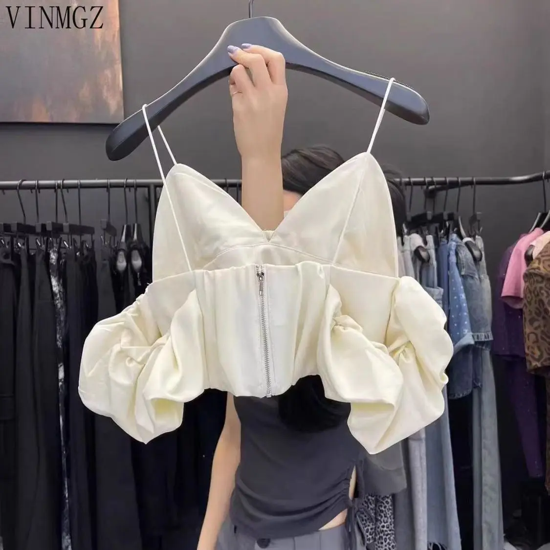 

Women's clothing 2025 spring and summer new V-neck off-the-shoulder bubble sleeve pleated short suspender vest women