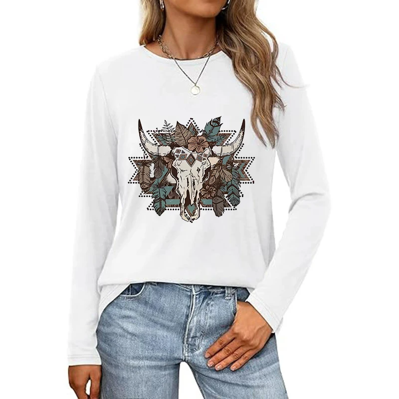 

Модные винтажные футболки с принтом бычьего черепа, всесезонные футболки, женская забавная готическая футболка с длинным рукавом, футболка 90-х годов, одежда Y2k