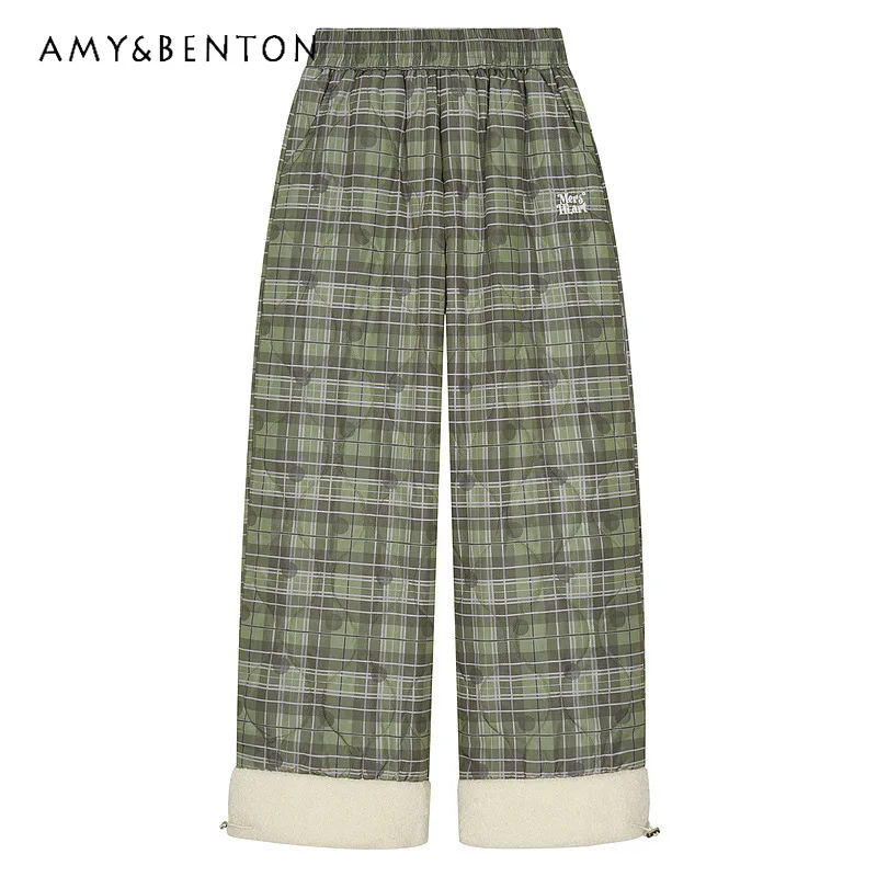 

American Style Plaid Striped Splicing Lamb Wool Women's Cotton Pants 2025 Winter Couple Skiing Quilted Warm Long Trousers Unisex