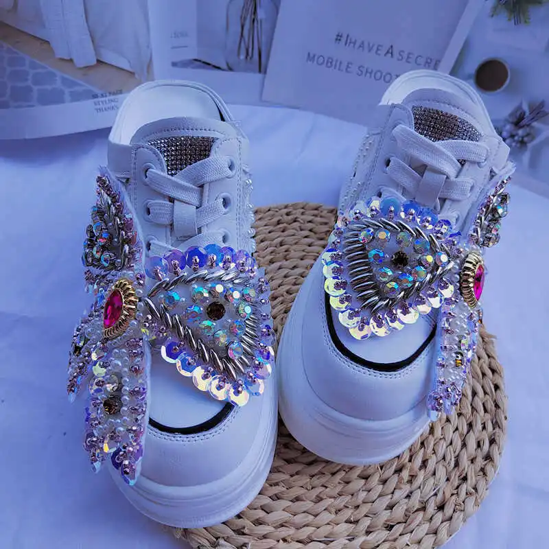 Fashion 2024 Genuine Leather Women Wedge Slippers High Platform Real Leather Rhinestones Bow Women Casual Shoes Flip Flops