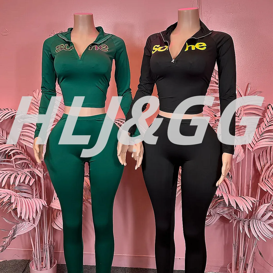 

HLJ Autumn New Fashion Letter Print 2 Pieces Set for Woman Zip Short Sleeve Crop Tops + Legging Matching Female Streetwear 2025