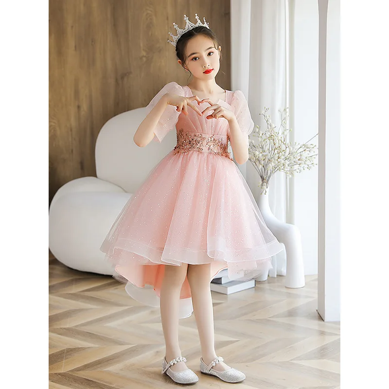 Girls Birthday Gift Elegant Tulle Party Gowns Princess Pink Sequins Beading Wedding Dresses Stage Wear