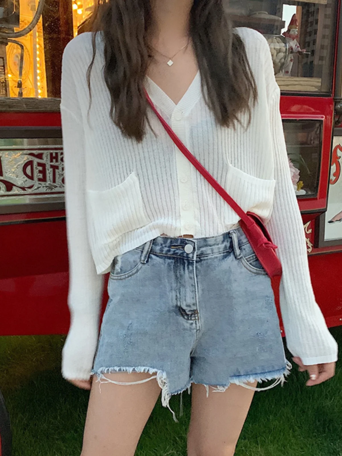 

Ladies Ice Silk Knitted Short Sleeveless Top Loose Long Sleeve Outerwear Autumn Cardigan Thin Outer Layer Sweet Style Japanese