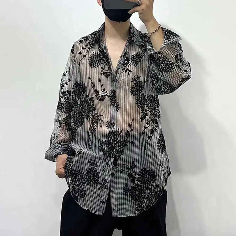 Y2K Mens Hollow Semi Transparent Sexy Long Sleeved Shirt Autumn Jacquard Sunscreen Casual Personalized Top Men\'s Clothing 2024