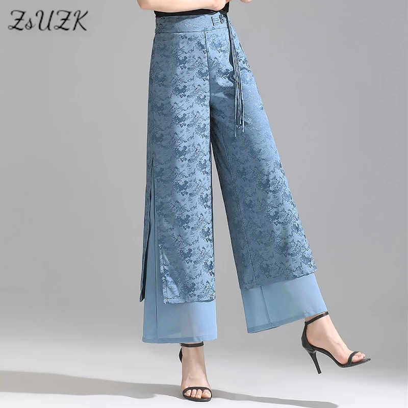 

ZUZK Slit Chiffon Long Pants Summer Comfortable Elastic Waist Slim Double Layer Wide Leg Pants Chic Droop Split Pants
