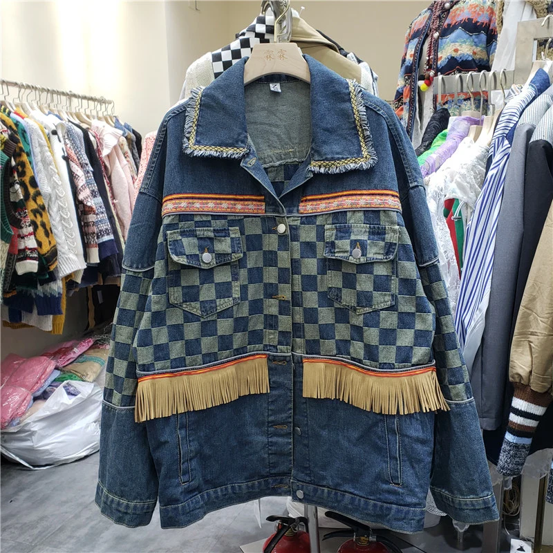 Harajuku Vintage Etnische Stijl Omzoomd Stiksels Vrouwen Denim Jas Blauw Zwart Herfst Casual Lange Mouw Revers Jeans Jas Vrouwelijke