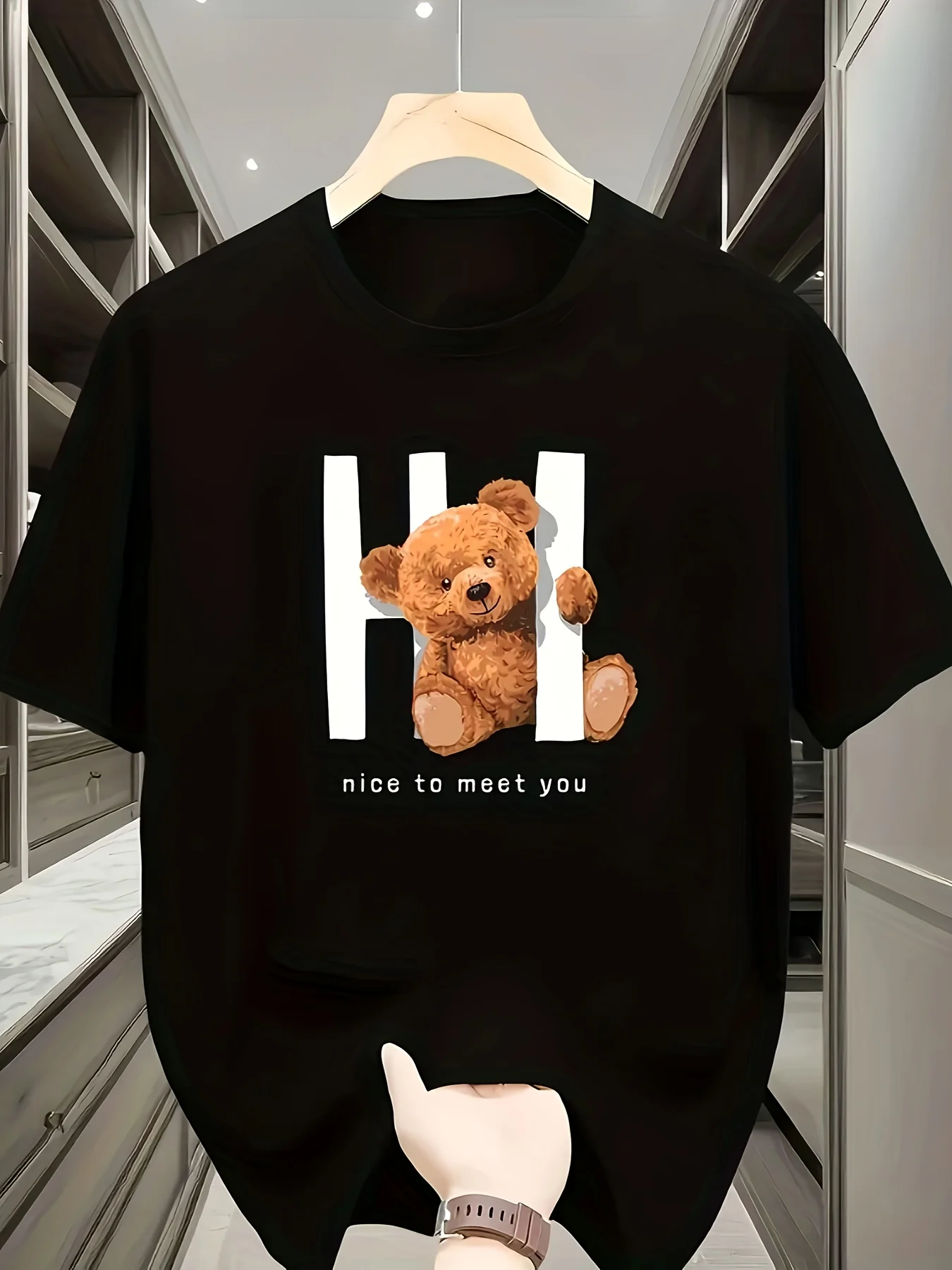 

Men'S Heavyweight 100% Breathable Fabric T-Shirt - Featuring a Cute Cartoon Bear Design with Short Sleeves