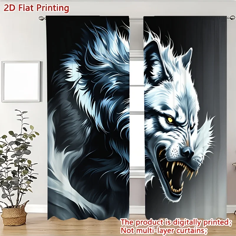 Fierce Wolf Head Curtains, Realistic Animal Print Blackout Drapes, Cool Wildlife Decor for Bedroom Living Room Window Treatment
