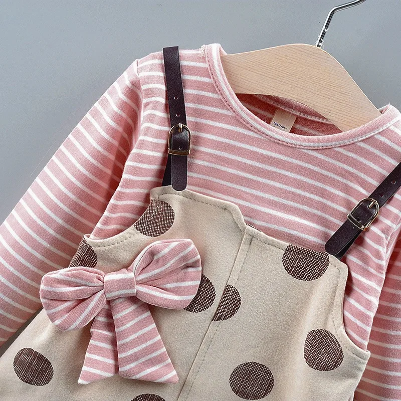 Spring and Autumn Girls\' Dress Baby Stripe Spliced Big Round Dot Fake Two Piece Set Children\'s Bow Long sleeved Dress